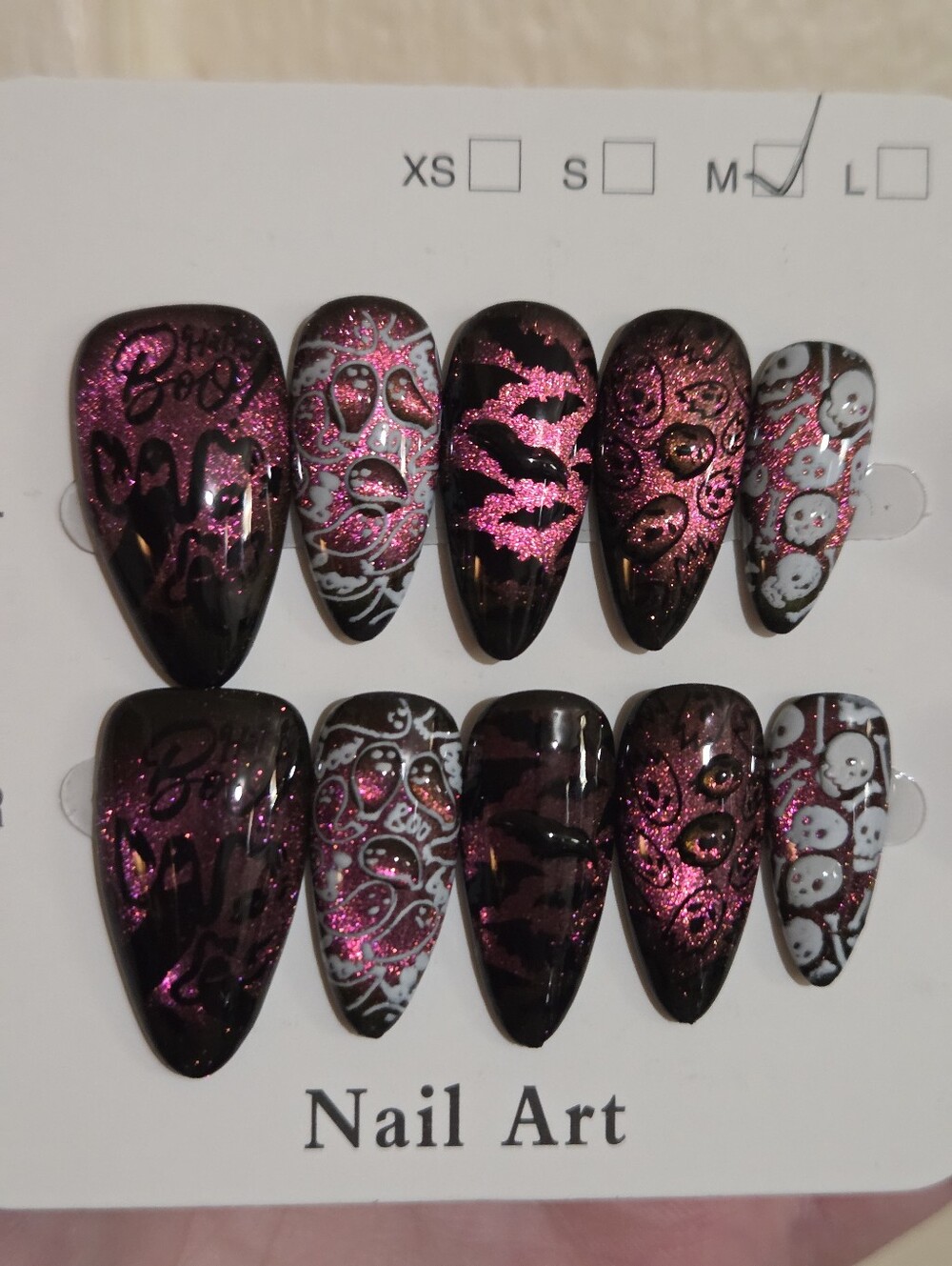 Halloween Skull Pink Purple Black Cat Eye 3D 2.5 Almond Press on Nails